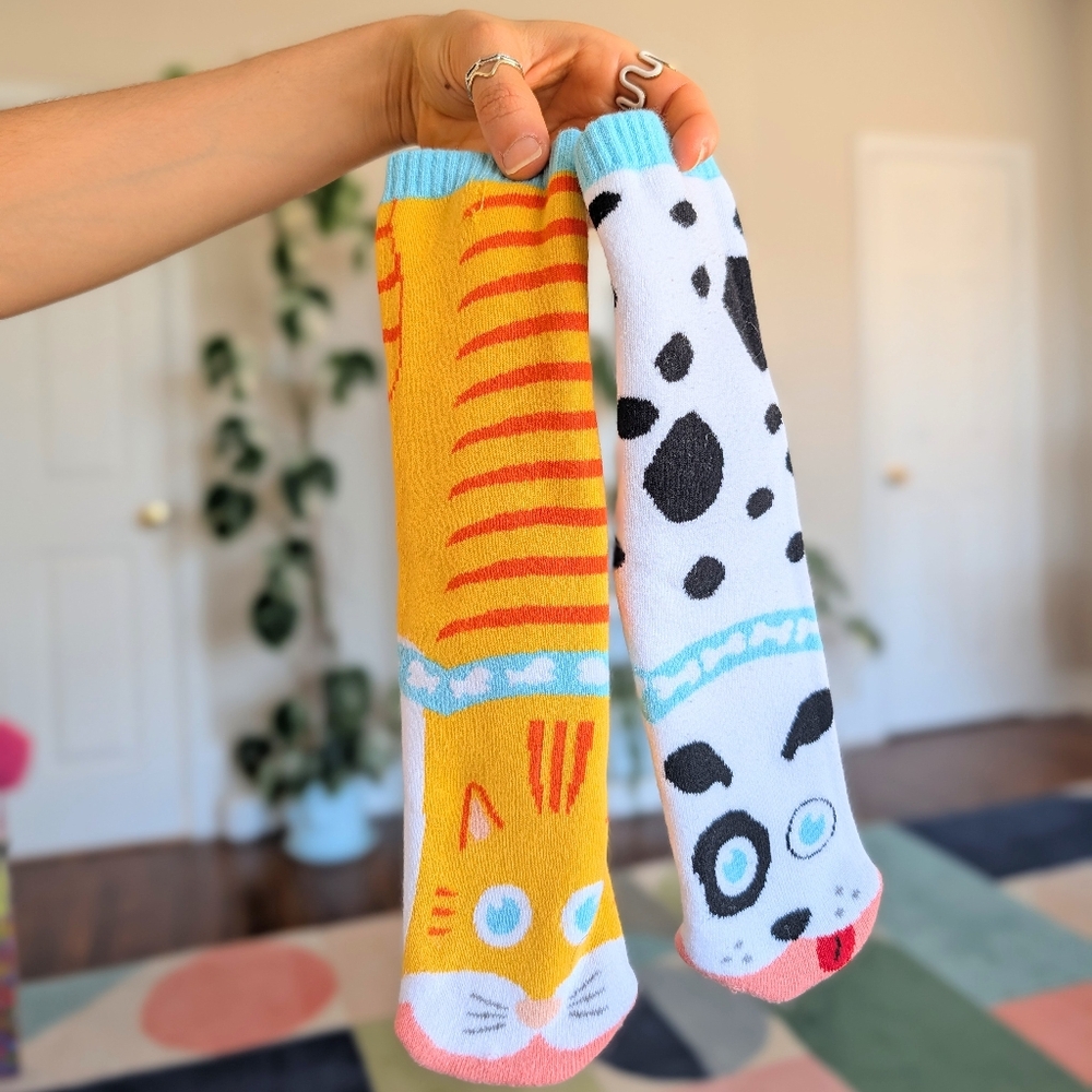 Playful Cat & Dalmatian Novelty Socks - Yellow & White